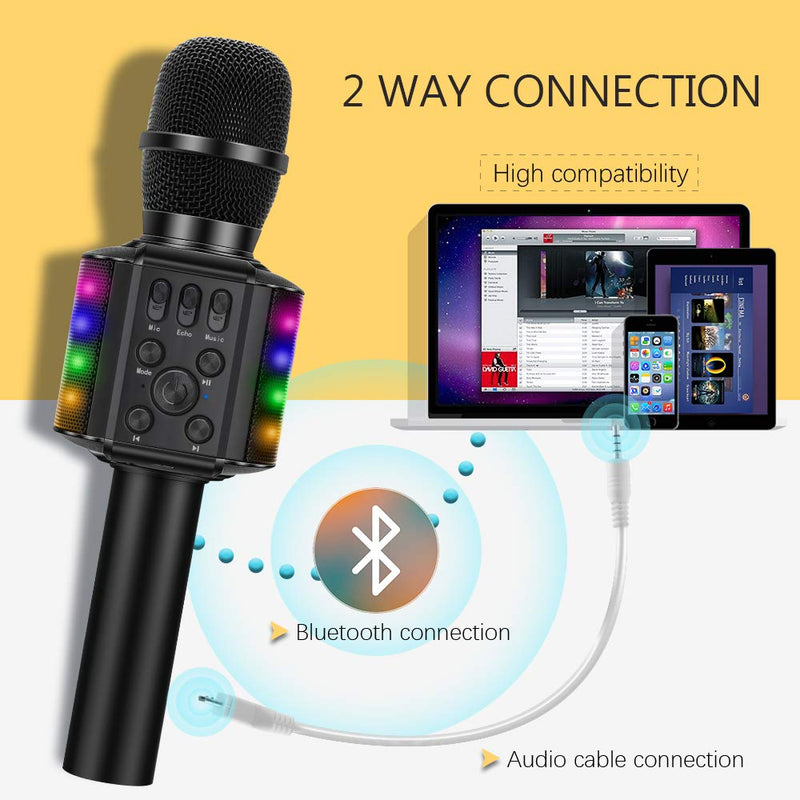 BONAOK Kids Wireless Bluetooth Karaoke Microphone with Colorful Lights & USB Disco Light, 4 in 1 Portable Karaoke Machine for Christmas Home Party (Black) Black