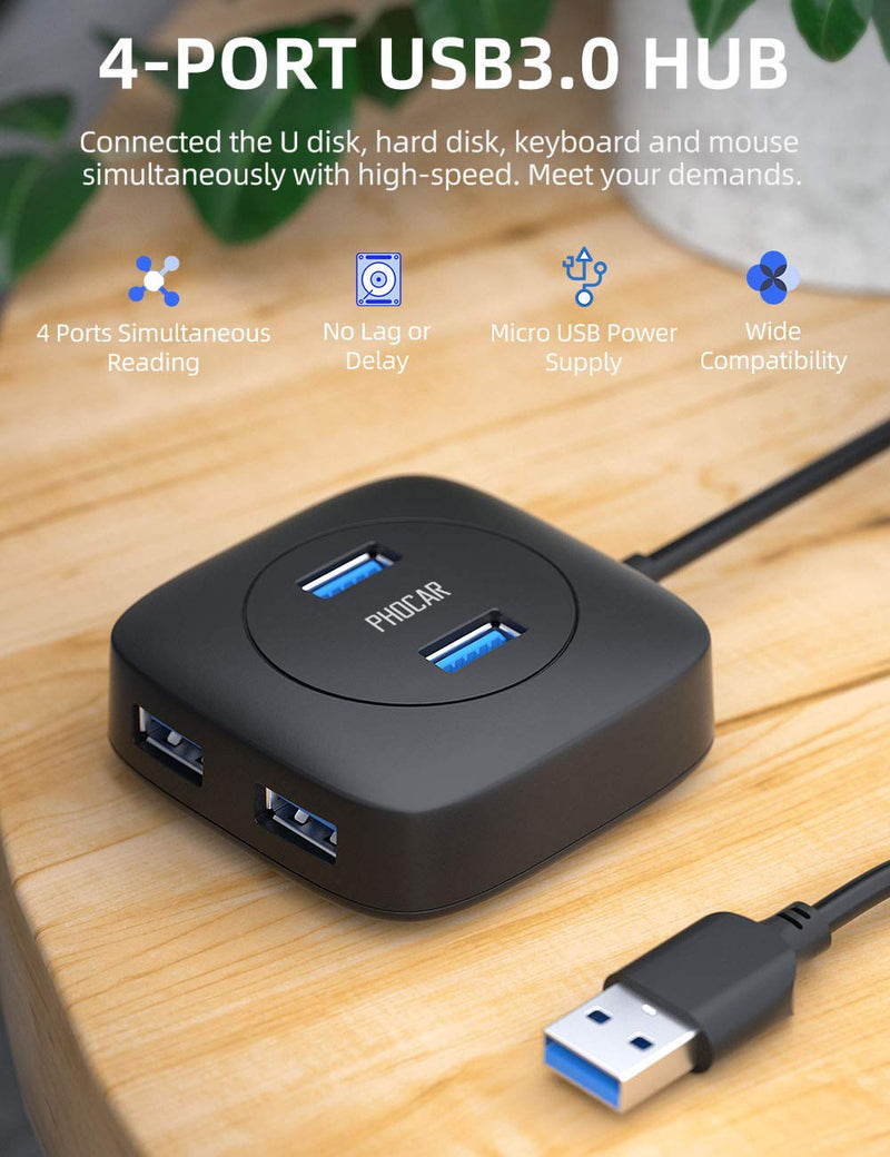 USB 3.0 HUB PHOCAR 4 Port USB Data HUB with 1.5ft Extension Cable Portable High Speed USB Extender Compatible with MacBook Pro, iMac, Surface Pro, XPS, PC, Flash Drive, Mobile HDD etc. -Black
