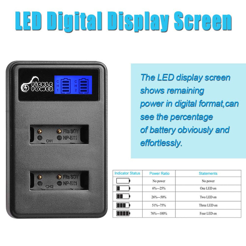NP-BX1,Pickle Power 4 Pack Batteries and Charger with LCD Display Compatible with Sony CyberShot DSC-RX100, RX100 II, RX100 III, RX100 IV, RX100 V, RX100 VI, DSC-RX1R, RX1R II, HX50V, HX60V, HX80V 4 Battery+ 1 Charger