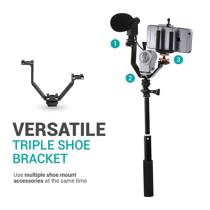 Movo MQ-THM01 Triple Shoe Bracket - Camera V Bracket for Lights, Monitors, Microphones and More (Small) Small