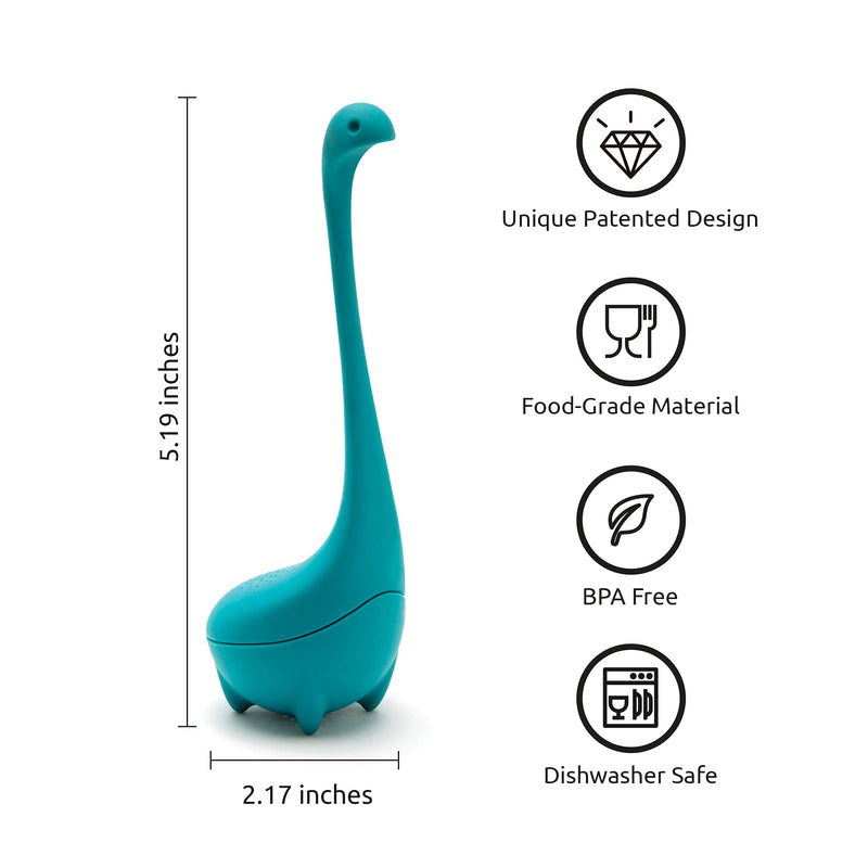 OTOTO Baby Nessie Loose Leaf Tea Infuser (Turquoise) - Dinosaur Tea Infuser Strainer with Steeping Spoon - Long Handle Neck, Cute Ball Body Lake Monster Silicone Tea Infuser for Loose Leaf Herbal Tea Turquoise