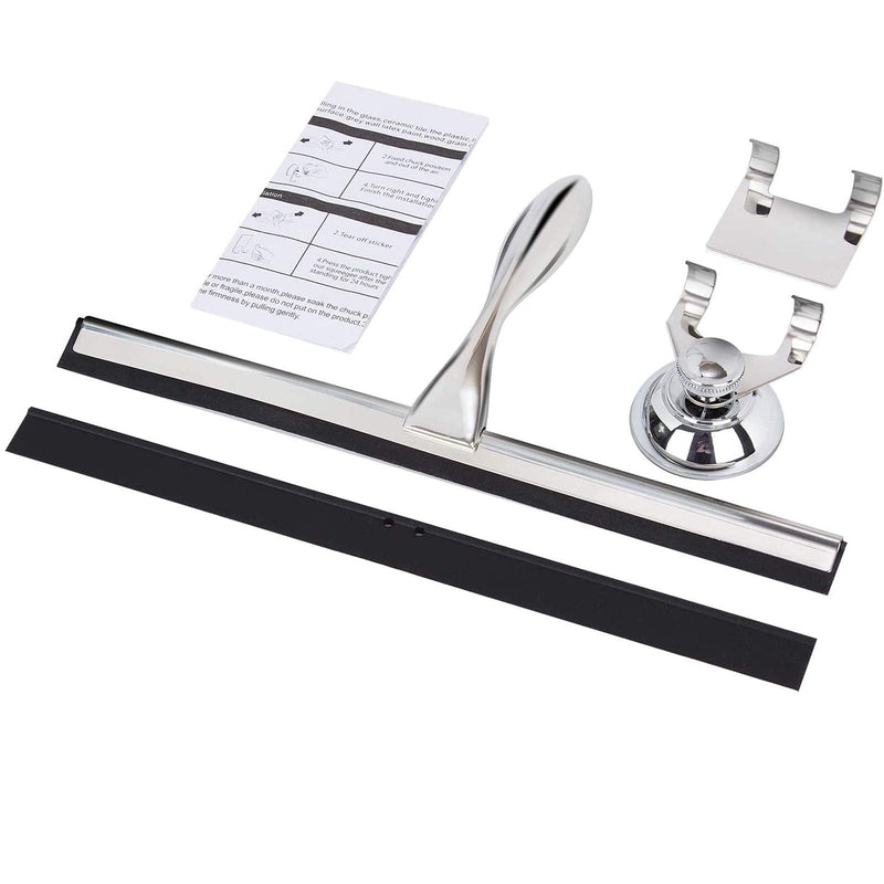 K Kwokker 12 Inch Squeegee for Shower, Shower Squeegee with Suction Cup Hooks, for Glass Door Marble Mirror Bathroom, Chrome Plated Stainless Steel Deluxe Car Window Home Kitchen Tile Scraper