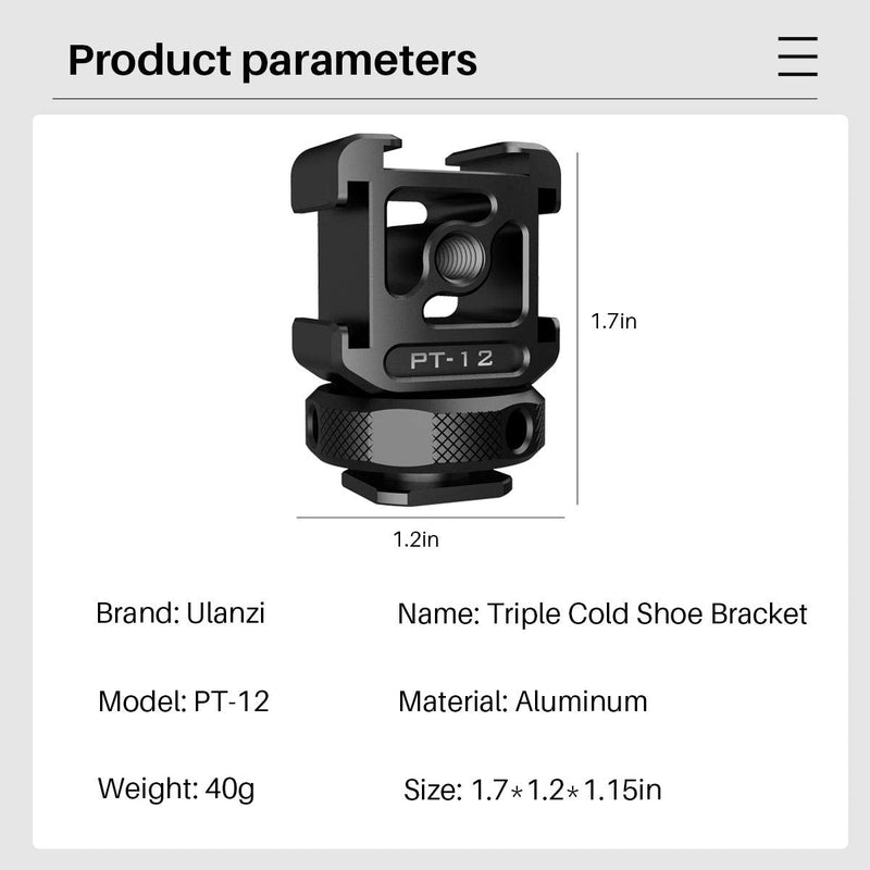 On Camera 3 Cold Shoe Monitor Mount, Triple Cold Shoe Adapter Tripod 1/4" for Magic Arm Flash Fill Light/Microphone Extension Mount Head for Sony Canon Nikon Camera DSLR Video Accessories PT-12