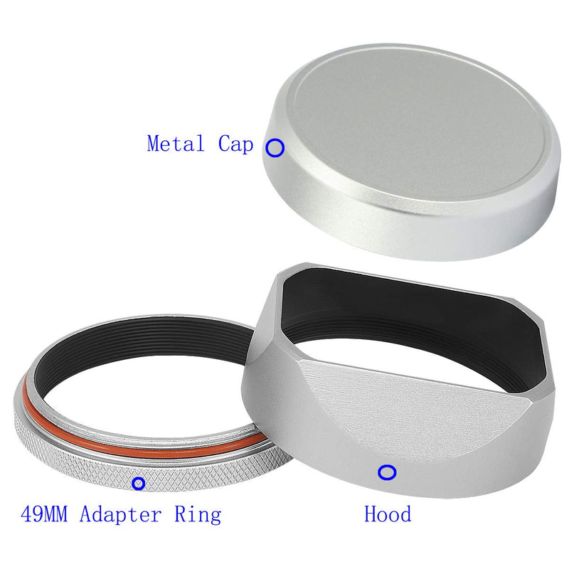 [AUSTRALIA] - Haoge Square Metal Lens Hood for Fuji Fujifilm FinePix X100V X100F X100 X100S X100T X70 Camera Accessories Silver with Cap and 49mm Adapter Ring Kit 