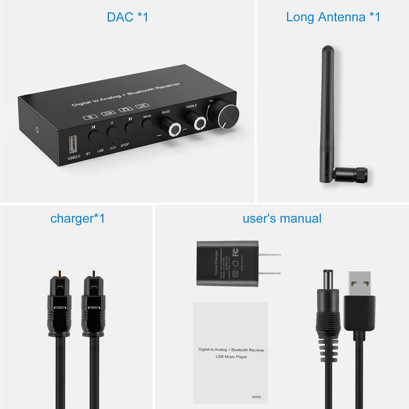 USB 192KHz DAC Digital to Analog Converter with Headphone Amplifier Built-in Bluetooth V5.0 Receiver Music Player Volume Adjustable Digital SPDIF TOSLINK to Stereo L/R & 3.5mm Jack normal