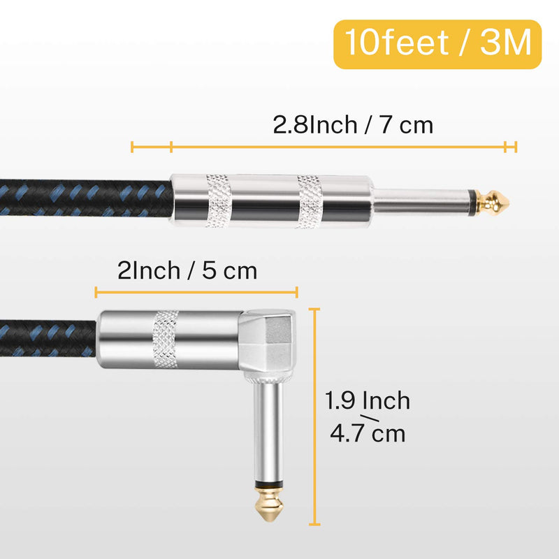 Donner Guitar Cable 10 ft, Premium Electric Instrument Bass Cable AMP Cord 1/4 Right Angle to Straight Black Blue 10 Feet