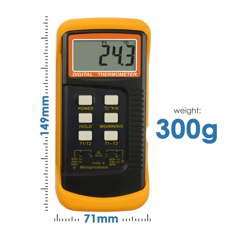 [AUSTRALIA] - Digital 2 Channels K-Type Thermometer 4 Thermocouples Probe Sensor Tester Monitor Wired & Stainless Steel -50~1300°C -58~2372°F Temperature Kelvin Scale Dual Measurement Kit with 4 K- type 