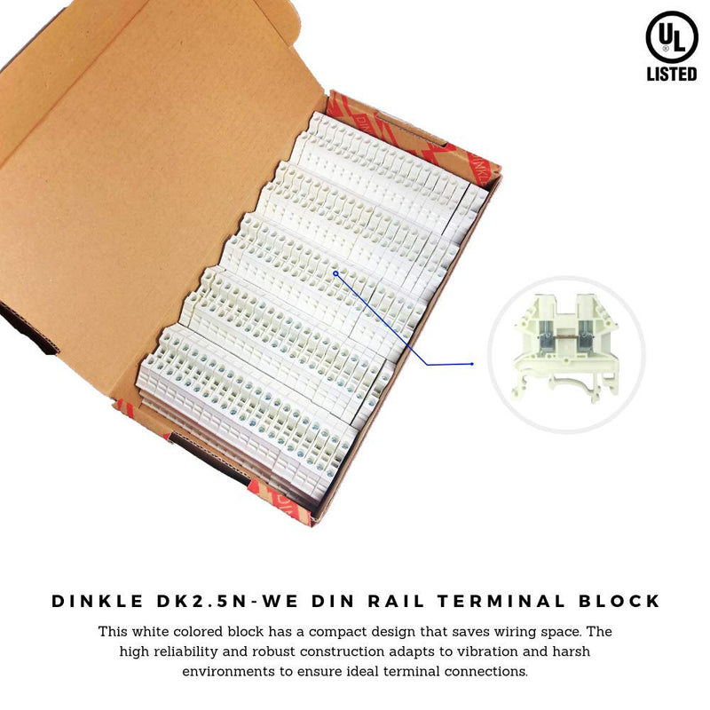 Dinkle White DK2.5N-WE DIN Rail Terminal Block Screw Type UL 600V 20A 12-22AWG, Pack of 100