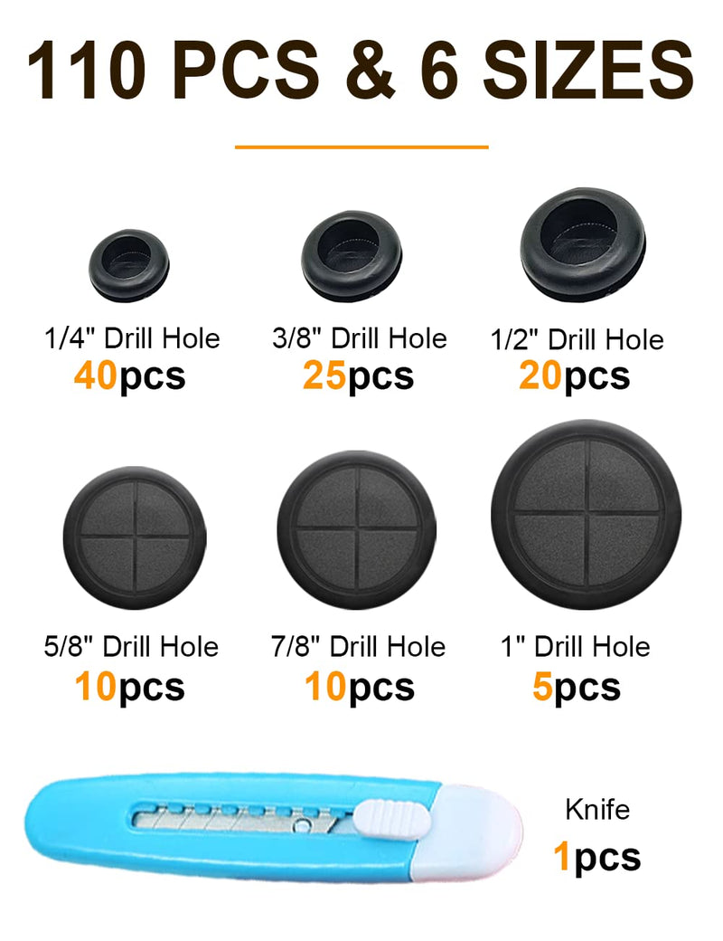 110 PCS Rubber Grommet 1"、 7/8"、5/8"、1/2"、13/32"、5/16"Drill Hole- Firewall Hole Plug Set, Electrical Wire Gasket Kit, Rubber Gasket Kit，Firewall Plug Grommet,Double-Sided Round for Automotive