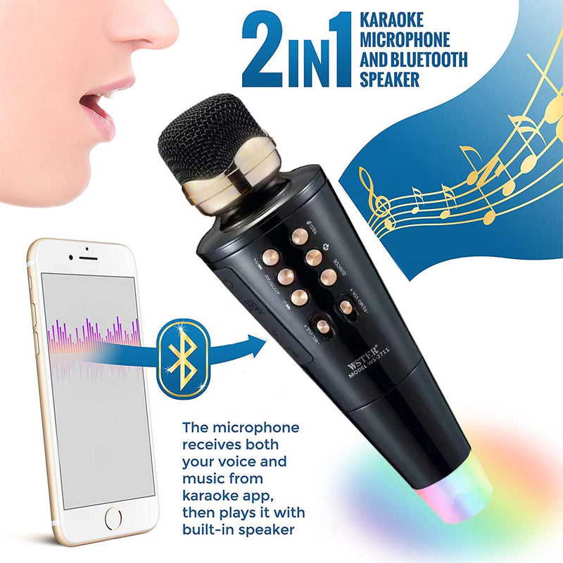 Jet Black WSTER Karaoke Microphone & Speaker, Kids Bluetooth Karaoke Microphone Portable Mic Player Speaker with LED for Christmas Birthday Home Party KTV Outdoor