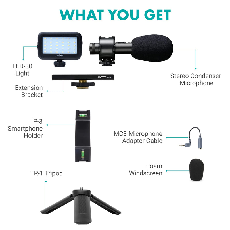 Movo Influencer Vlogging Kit for Smartphone - Microphone, Phone Rig, Tripod, LED Light - Mobile Vlogger Kit for iPhone and Android Smartphone - Perfect for YouTube Recording, Livestreaming, Reporting