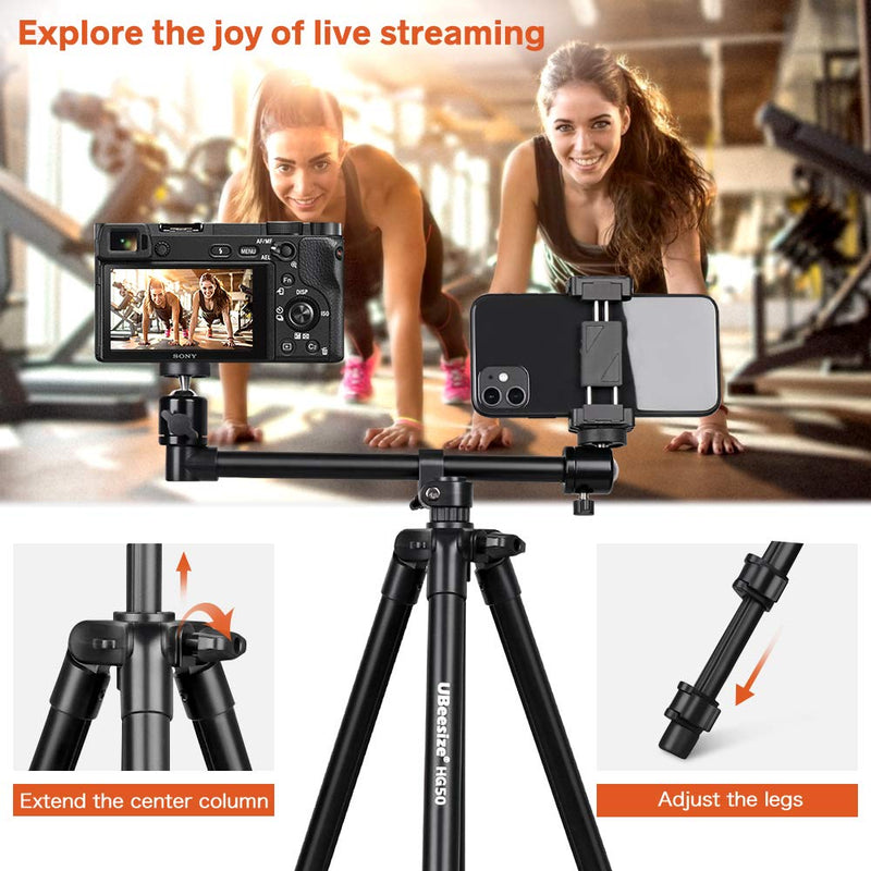 UBeesize 50-inch Phone Tripod Stand with Extended Arm, Portable Horizontal Tripod with 360° Adjustable Ball Head for Video Recording, Live Streaming and Photography