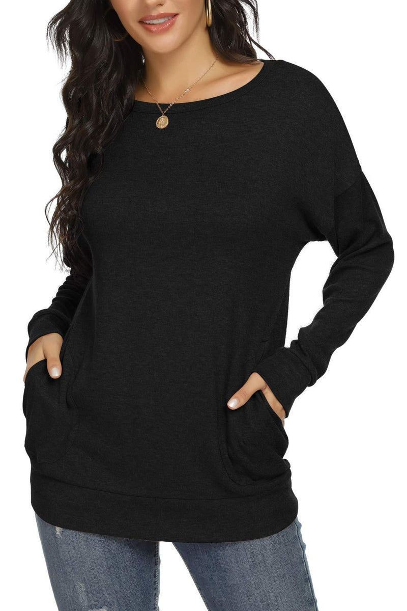 YSYOKOW Womens Casual Loose T Shirts Long Sleeve Blouses Tunic Tops with Pockets Small Black