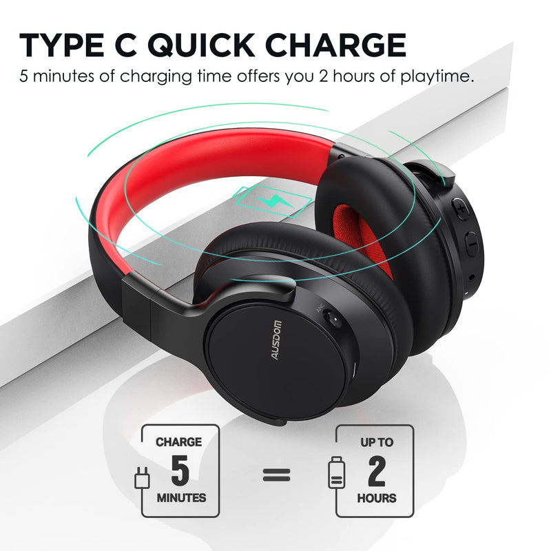 AUSDOM E7 Bluetooth Noise Cancelling Headphones: Wireless Over Ear ANC Headphones with Microphone, 50H Playtime, Hi-Fi Stereo Sound, Deep Bass, Comfortable Earpads for Travel Work Home Office Black&Red