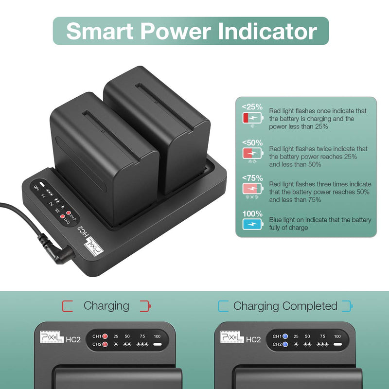 NP-F970 Battery and Charger, Pixel 2 Pack 8400mAh NP F970 Battery with 30W Dual Channel Charger for Sony NP F750, F550, F570 and Sony TR917, CCD-SC55, Fit for Pixel 60C Ring Light and K80 Video Light