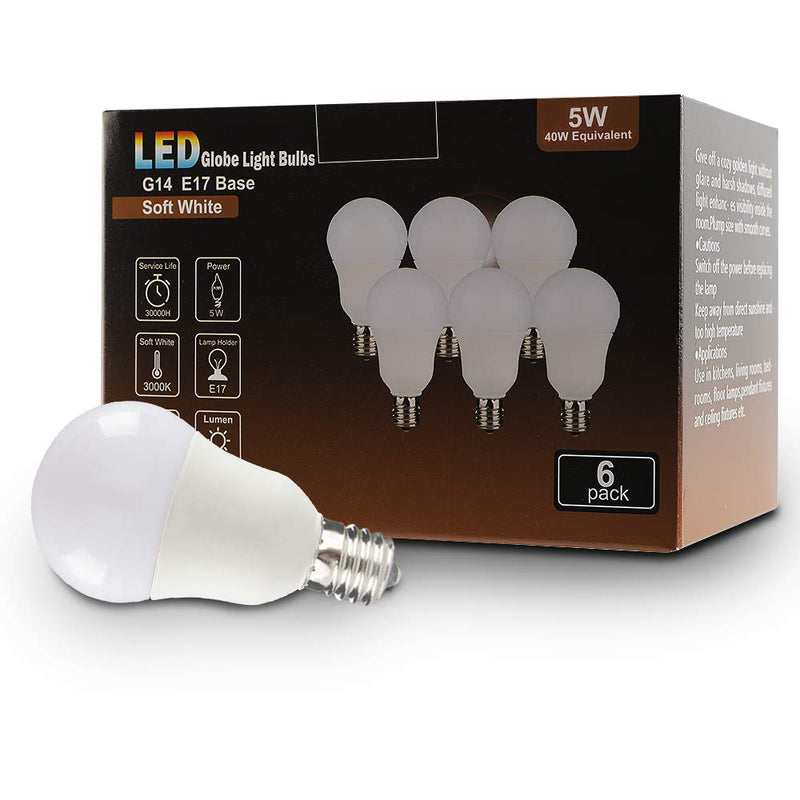 Yueximei E17 Globe Light Bulb, 5 Watt 40W Equivalent, 3000K Soft White, 450LM,Slender G14 LED Bulbs for Ceiling Fan, Chandelier Lighting, Not Dimmable, Pack of 6 5w 6Pack