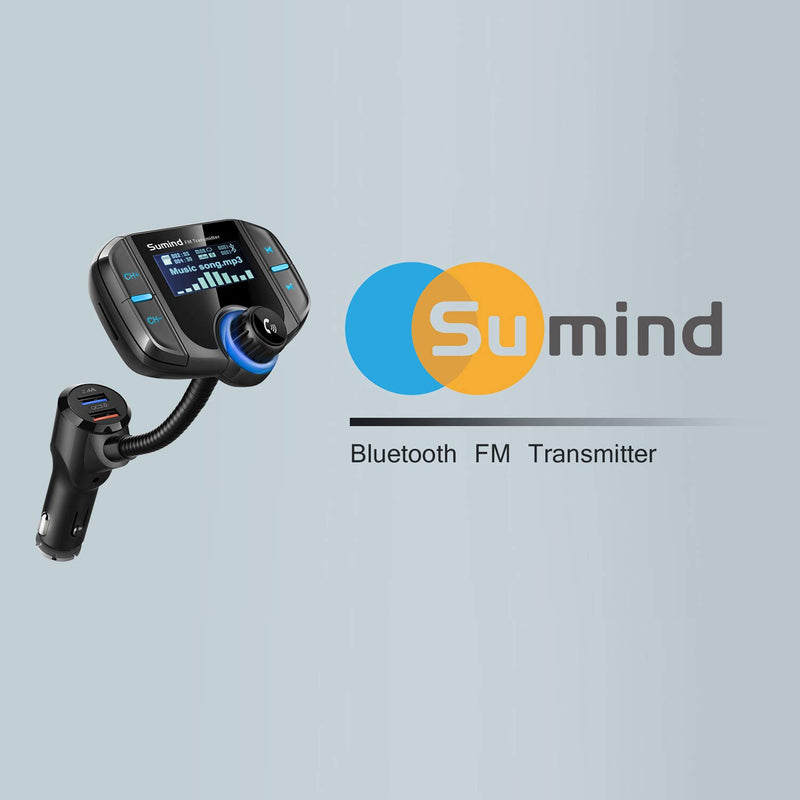 (Upgraded Version) Bluetooth FM Transmitter, Sumind Wireless Radio Adapter Hands-Free Car Kit with 1.7 Inch Display, QC3.0 and Smart 2.4A Dual USB Ports, AUX Input/Output, TF Card Mp3 Player Black