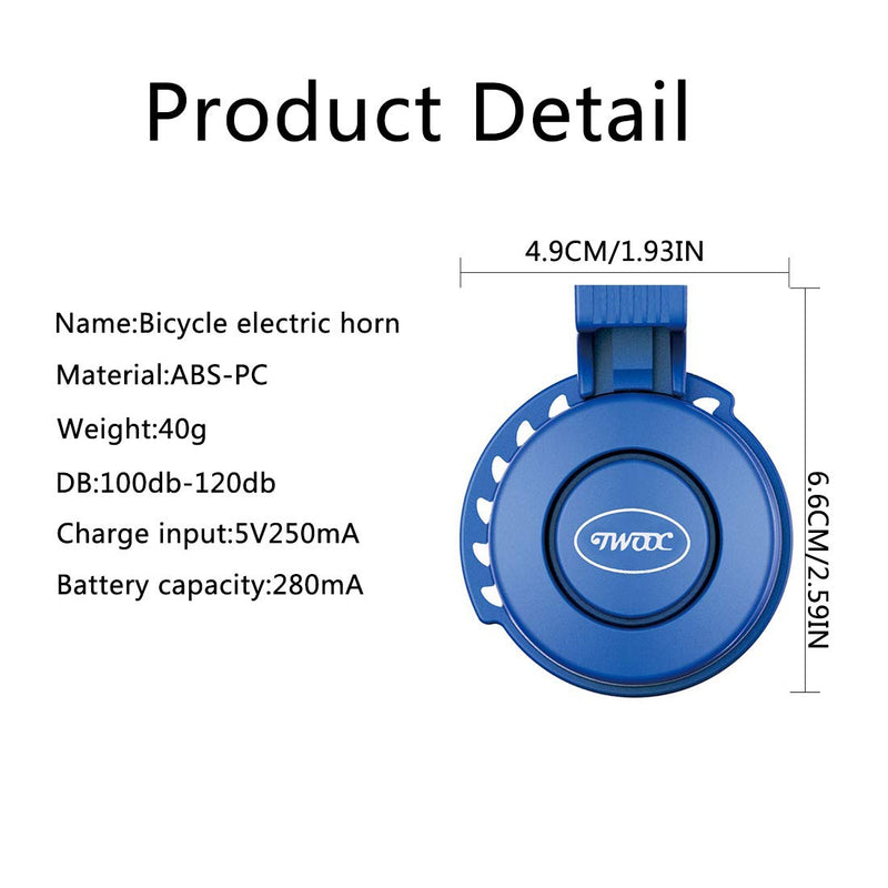 NAPASA Electric Bike Horn Electronic Bicycle Bell 100-120 DB Waterproof 4 Sound Modes with Rechargeable Battery Blue