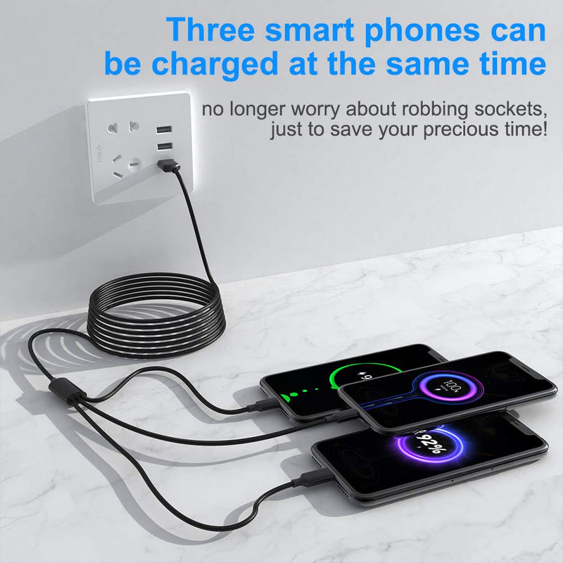 Multi 3 in 1 USB Long iPhone Charging Cable, 3M/10Ft Nylon Braided Universal Phone Charger Cord USB C/Micro USB/Lightning Connector Adapter for Android/Apple/Samsung/LG/Pixel/Huawei/XiaoMi(Black) 3IN3 BLACK