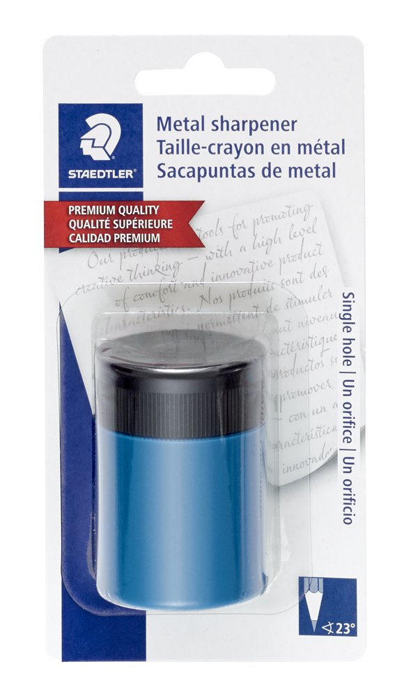 STAEDTLER pencil sharpener, premium quality sharpener with screw-on lid, prevents accidental openings, compact size for pencil case and work-station, 511 63BK (Pack of 1) , Assorted colors. 1 Pack