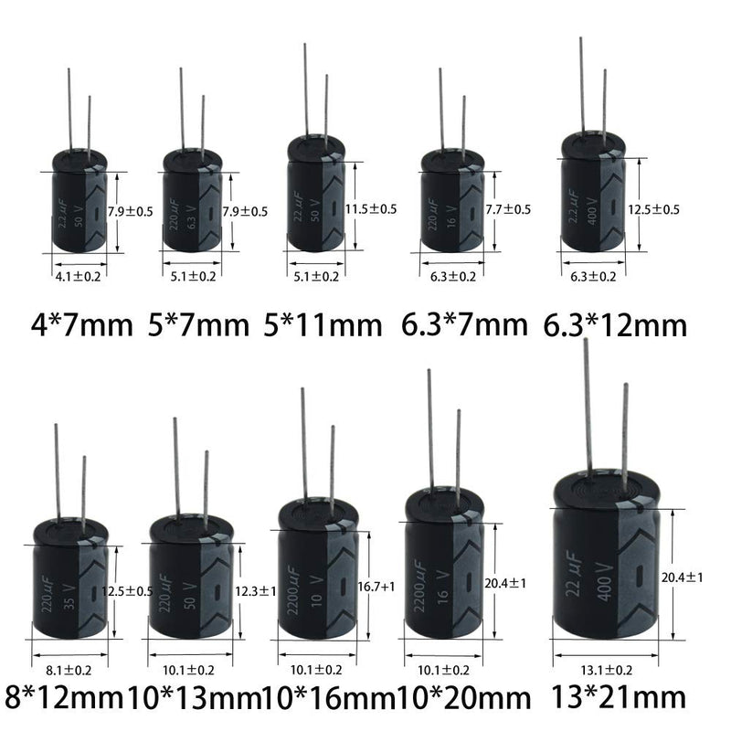 Electrolytic Capacitors 2.2uF 22uF 220uF 2200uF 6.3V 10V 16V 25V 50V 63V 100V 250V 400V Used in Toys Home Appliances Smart Meters Lighting Audio18Value 300Pcs XUANSN Capacitor Kit 300P