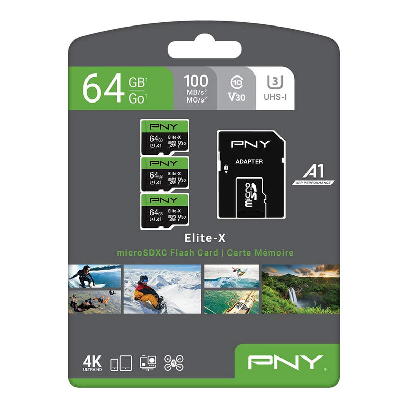PNY 64GB Elite-X Class 10 U3 V30 microSDXC Flash Memory Card, 3 Count (Pack of 1) - 100MB/s, Class 10, U3, V30, A1, 4K UHD, Full HD, UHS-I, micro SD FLASH CARD - 3 PACK