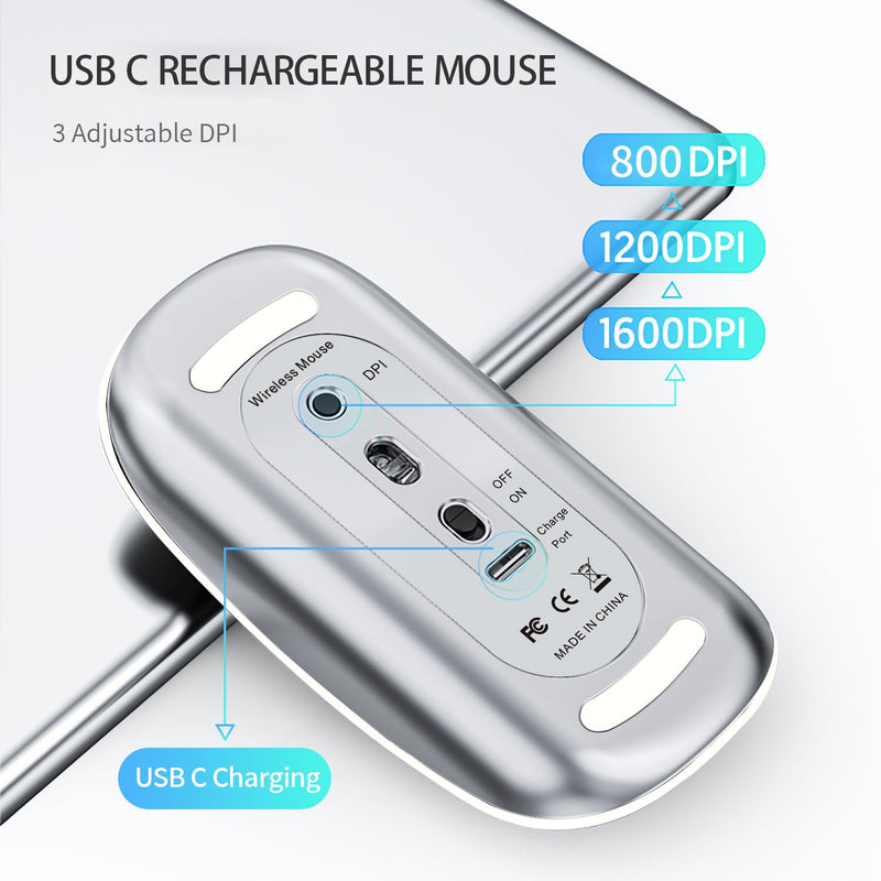 Uiosmuph Wireless Mouse, USB C Rechargeable Computer Mouse, Slim Silent Mice 2.4GHz Optical with USB Nano Receiver and Type C Receiver for Laptop/Mac/PC White