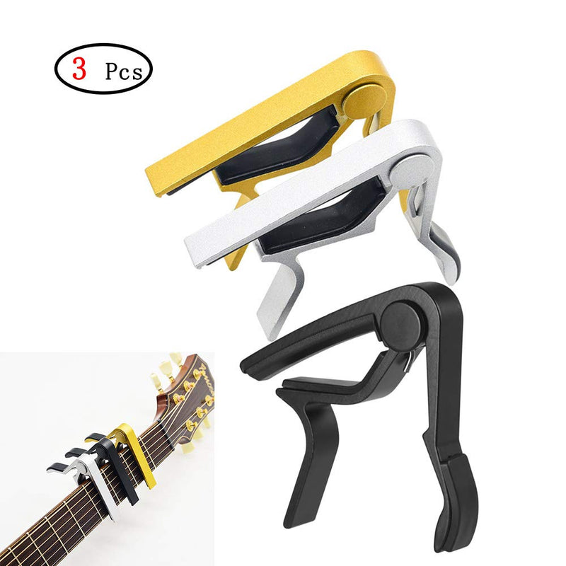 Pack of 3 Capo, Acoustic Guitar Clamp Electric Guitar, Capo for Western Guitar, Acoustic Guitar, Concert Guitar, Single Handed Capo, Acoustic Classic Bass Ukulele (Black / Silver / Gold)