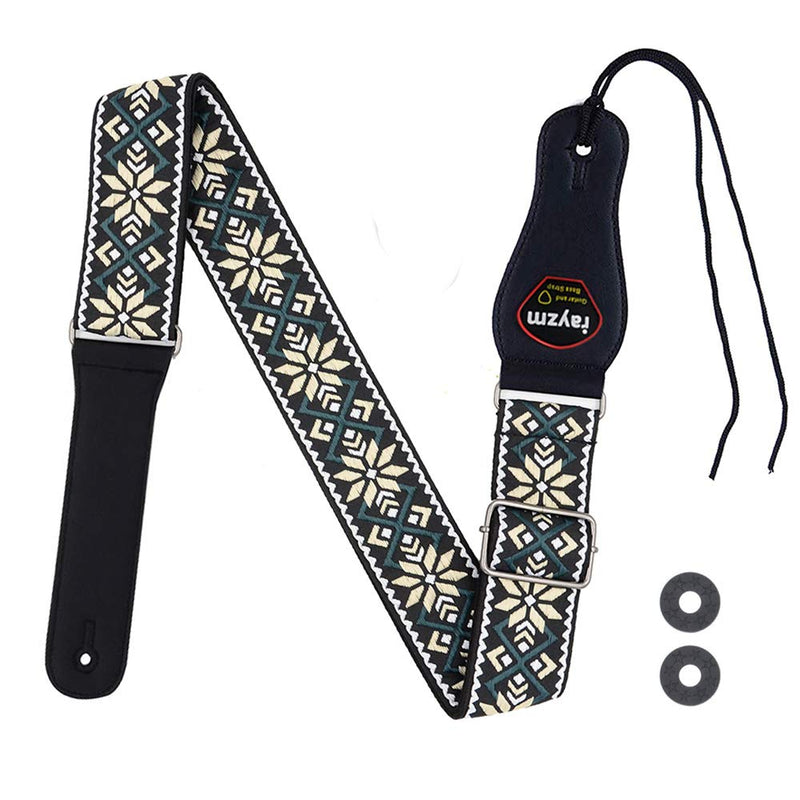 Rayzm Embroidery Guitar Strap, Jacquard Weave Cotton Strap for Acoustic/Electric/Bass Guitar with Plectrum Picks Pocket and 1 Pair Strap Blocks for guitar