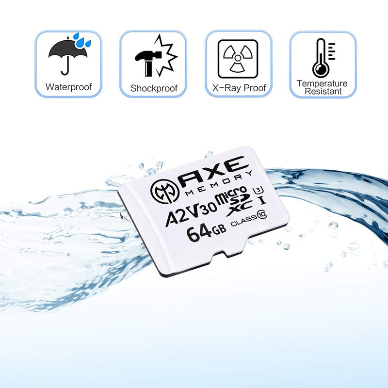 AXE MEMORY 64GB microSDXC Memory Card + SD Adapter with A2 App Performance, V30 UHS-I U3 4K White - A2 Premium Speed 64 GB