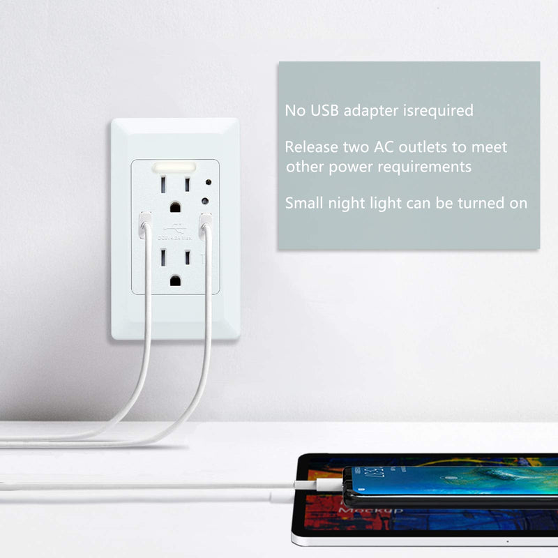 NineLeaf 4.2A LED Night Light Outlet Wall Adapter with 2 AC Outlets and 2 USB Ports Light Sensor Portable for Home White fast charging 2 Packs