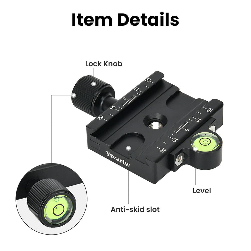 60mm Quick Release Plate QR Clamp 3/8" with 1/4" Adapter &Bubble Level Ytvariw ,Adjustable Lever Knob, Compatible for Tripod Ball Head(60MM) 60MM