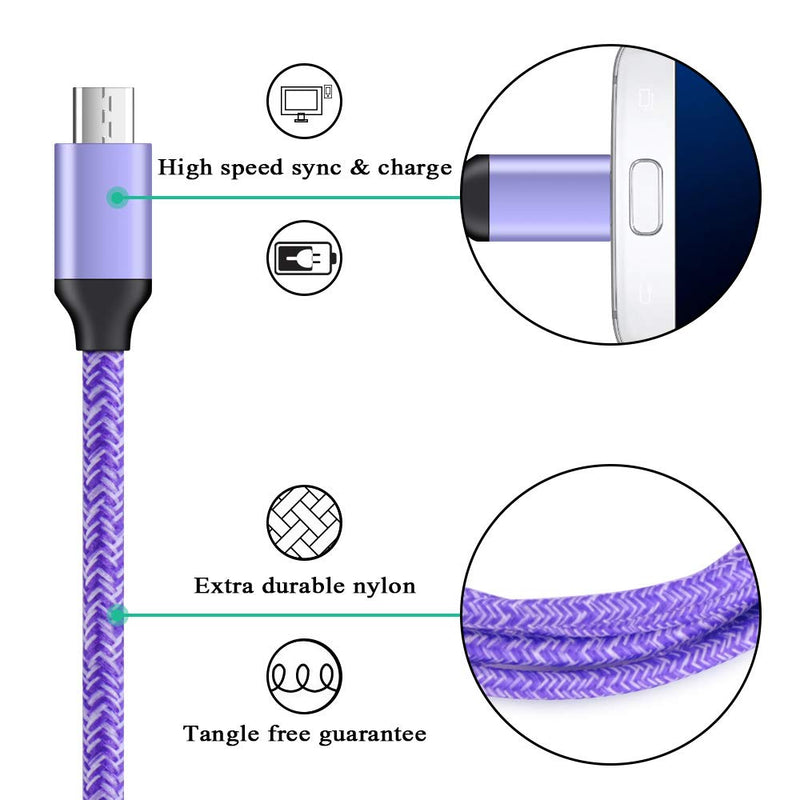 Micro USB Cable, 2-Pack 6FT Phone Charger Power Cords Android Long Fast Charging Cables Compatible with Samsung Galaxy J7 S6 S7 Edge J3,Note 3 4 5,Tablet S2 S4, LG Stylo 2/3 Plus, Kindle Fire 7 8 10 Purple+Purple