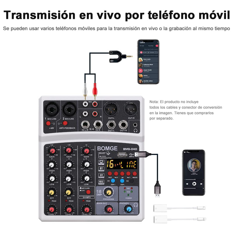 BOMGE 04D portable bluetooth 4 Channel DJ audio sound mixer mixing console with usb interface , 48V Phantom Power input, 16 Echo effects for recording, live streaming, singing (Black) black