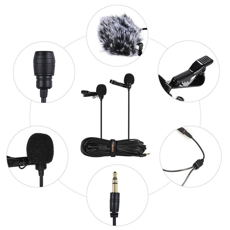 Comica CVM-D02 Dual Lavalier Microphones,Omnidirectional Condenser Hands-free Clip-on Lapel Mic with 3.5mm TRS Connector,Lav mic for Camera,DSLR,iPhone,Android,Huawei,Sony,PC, Laptop(Black)(4.5meters) 14.7ft Black