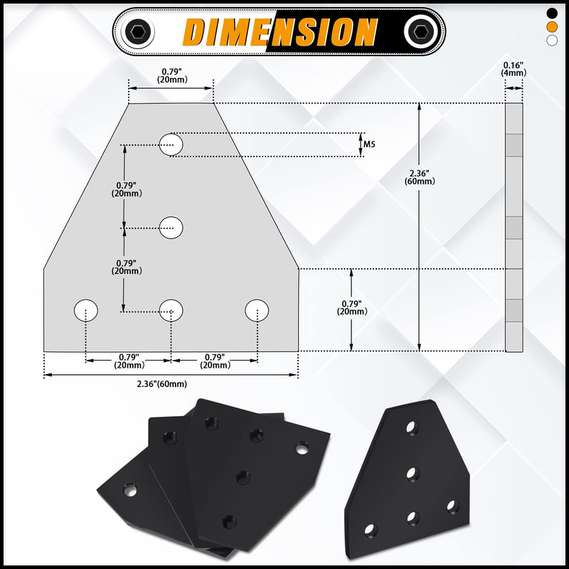 KOOTANS 10pcs 2020 Series Black 5 Hole T Shape Joint Plates with 50pcs M5 T Nuts + 50pcs M5x8mm Hex Socket Cap Screws + 1pcs Wrench, for Standard 6mm Slot Aluminum Profile 3D Printer Frame