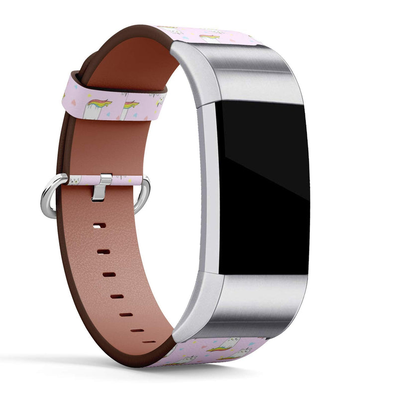 Compatible with Fitbit Charge 2 - Replacement Accessory Leather Band Strap Bracelet Wristbands with Adapters (Cute Rainbow Cat Unicorn)