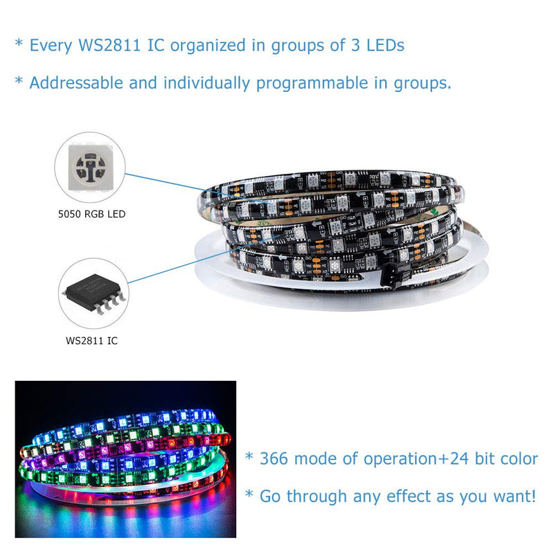 [AUSTRALIA] - FAVOLCANO 12v RGB Individually Addressable LED Strip, WS2811 Digital LED Strip 12 Volt DC 16.4ft 5M 300LEDs (100 Pixel) LED String IP65 Waterproof Black PCB (Plugs or Connectors not Included) 