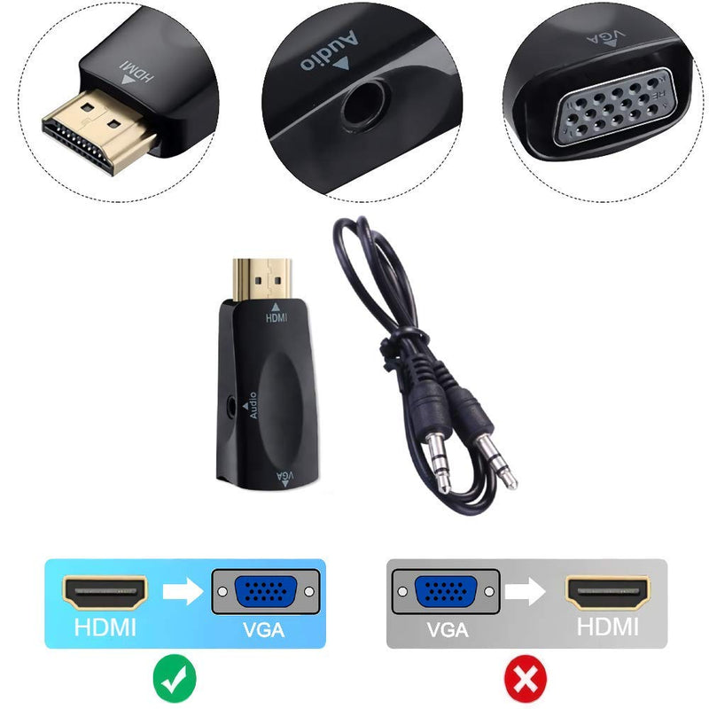 DT&C - HDMI to VGA Adapter + 1.5Ft 3.5mm Cable | HDMI to VGA Up to 1080P / 1200P Full HD @ 60Hz with Gold Plated Connectors | Black