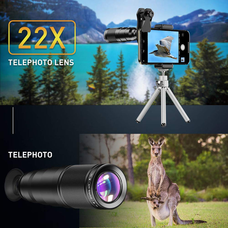 Apexel 6 in 1 Phone Lens Kit - 22X Telephoto Lens, 205° Fisheye Lens, 120° Wide Angle Lens & 25X Macro Lens(Screwed Together), Compatible with iPhone 11 8 7 6 6s Plus X Xs/Max XR Samsung