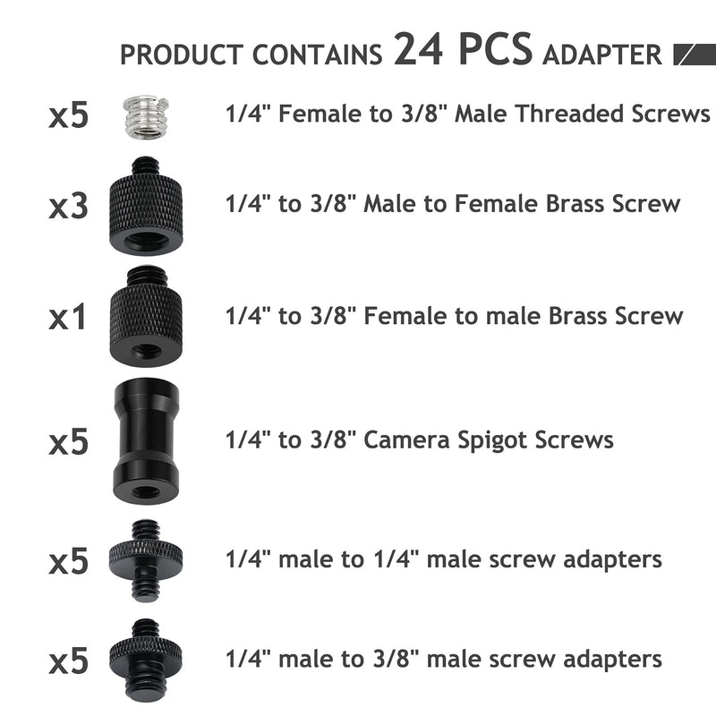 24 Pcs Camera Screw Adapter 1/4 to 1/4 and 1/4 to 3/8 Tripod Mount Converter Set for Camera Mount, Monopod, Ballhead, Flash Light Stand Frgyee 1/4-3/8 Adapter 24pc Box