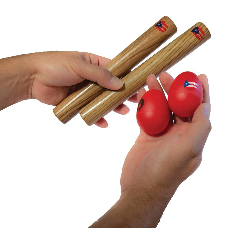 [AUSTRALIA] - Hand Percussion Musical Instrument Set Puerto Rico Flag - Include: 1 Pair 8 Inch Rhythm Sticks Wood Claves and 1 Pair Egg Shakers 