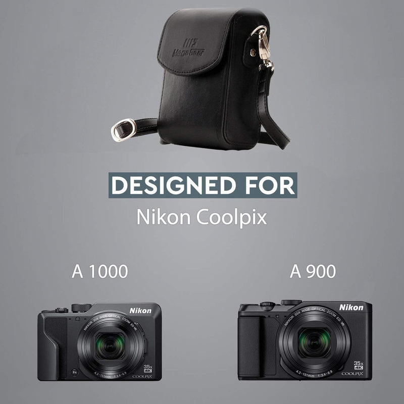 MegaGear Leather Camera Case with Strap Compatible with Nikon Coolpix A1000, A900 Black