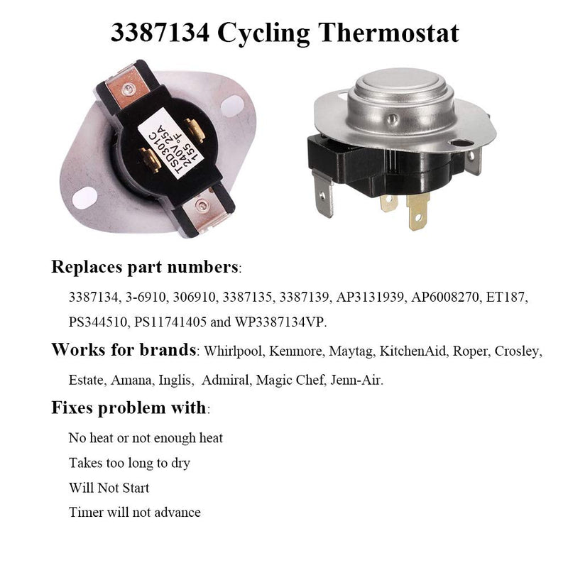 3387134 Cycling Thermostat, 3392519 Thermal Fuse for Whirlpool Kenmore Major Dryers, Replace WP3387134, WP3392519, AP6008325