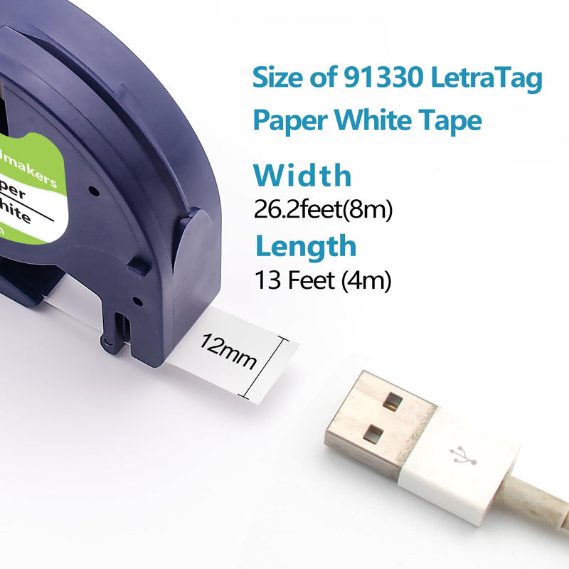 4-Pack Replacement for DYMO LetraTag Refills 91330 Black on White Paper Label Maker Tape for LT100H LT-100T, 1/2 Inch x 13 Feet 4