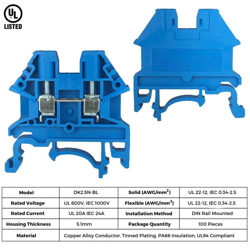 [AUSTRALIA] - Dinkle Blue DK2.5N-BL DIN Rail Terminal Block Screw Type UL 600V 20A 12-22AWG, Pack of 50 