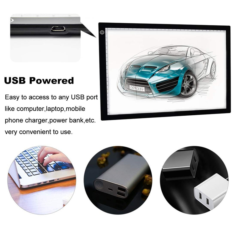 Kimfly A4 LED Light Pad Light Box Tracing Board Diamond Painting Light Table Ultra-Thin LED Copy Board USB Power LED Artcraft for Artists Drawing Sketching-Black Black