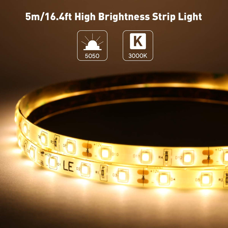 [AUSTRALIA] - LE 12V LED Strip Light, Flexible, Waterproof, SMD 2835, 300 LEDs, 16.4ft Tape Light for Home, Kitchen, Christmas and More, Warm White 