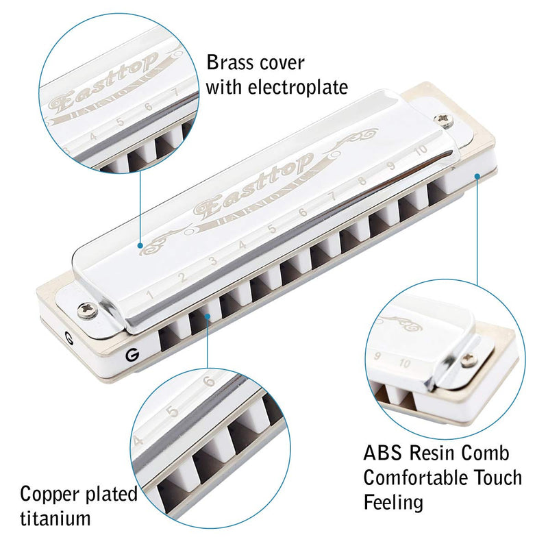 East top Blues Harmonica Key of G, 10 Holes Diatonic Blues Harp Mouth Organ Harmonica T008, Silver Harmonica For Adults, Professionals and Students