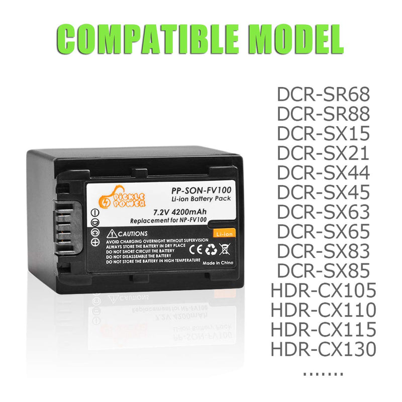 NP-FV100 Battery and LED Charger Compatible with Sony DCR-SX44 SX45 DCR-SX63 SX65 HDR-CX160 CX110 CX115 CX130 CX150 CX200 CX300 HDR-PJ10 PJ30V PJ50 PJ200 PJ230 PJ260V PJ380 DCR-SR68 SR15 SR21 SR88